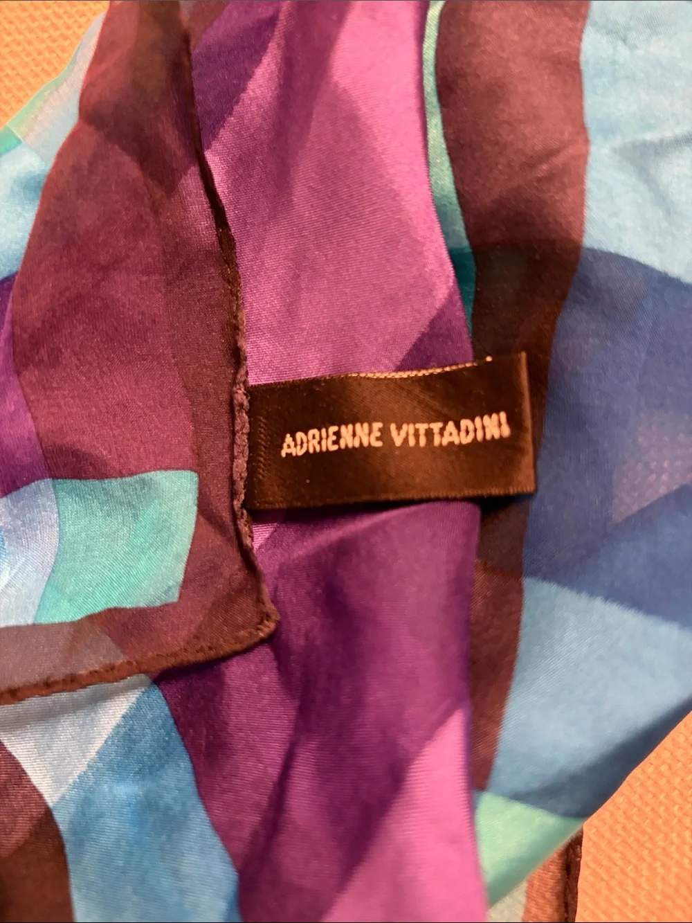 Vintage Adriene Vittadini silk geometric pattern in blues and purples 35”x35”.